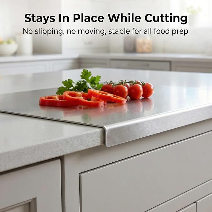 Stainless Steel Cutting Board with Lip and Non-Slip Mat (15.7 × 11.8 in) | Reversible Metal Cutting Board, L-Shaped Lip, Dishwasher Safe, for Meat, Fruit, Vegetables & Bread
