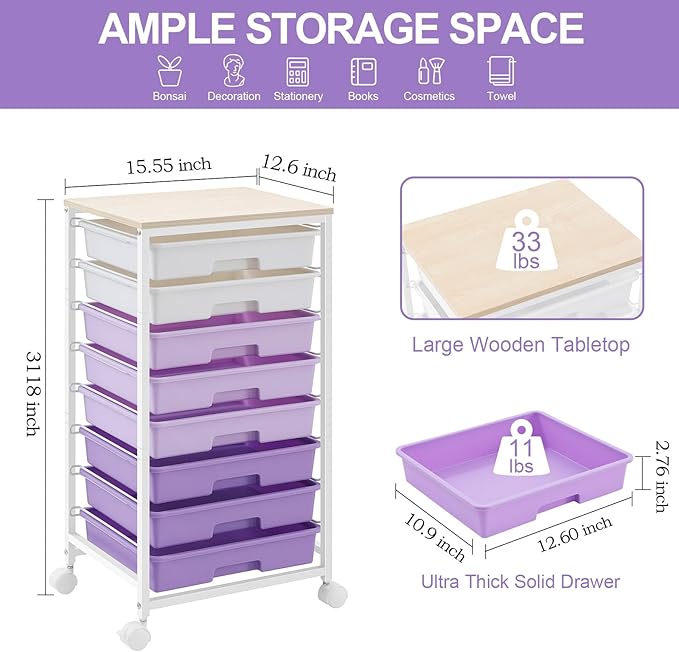 SYKIARIOL Rolling Cart with Drawers,Utility Cart With 8 Drawers and Wooden Tabletop for Living Room,Classroom,Bedroom,Bathroom,Dorm,Office,Purple