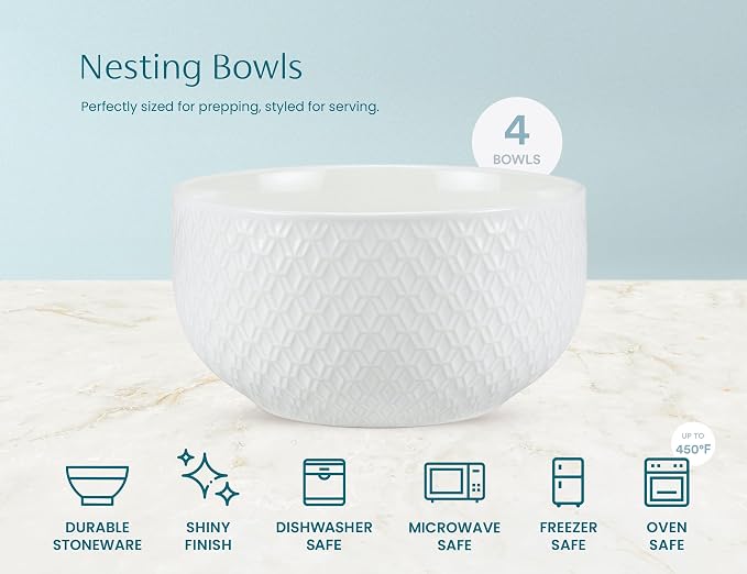 KooK Ceramic Mixing Bowls, Nesting Set of 4, Embossed Kitchen Dishware, Prep, Serving, Gift, Microwave and Dishwasher Safe, 20/44/98/145 oz, Narbonne Collection (Marshmallow)