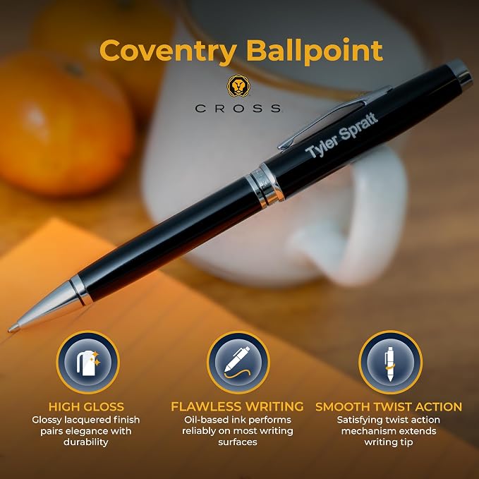 Cross Coventry Ballpoint Pen with Personalized Engraving - Black Lacquer with Chrome Trim - Gift for Graduation, Retirement, New Job, or Corporate Recognition