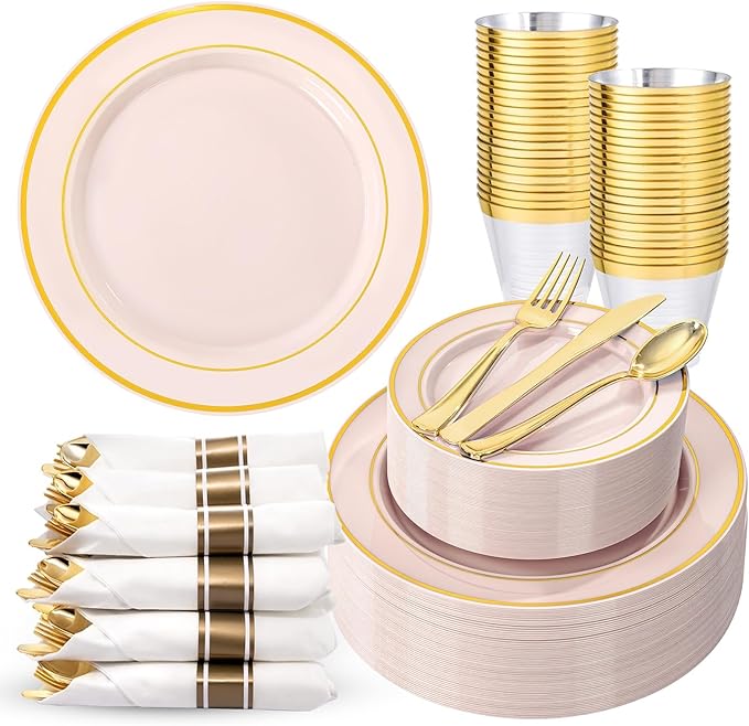 WDF Partyware 350PCS Pink Disposable Plates - Pink Plastic Plates 50Guests Plastic Dinnerware Sets with Rolled Napkins for Wedding/Birthday/Baby shower