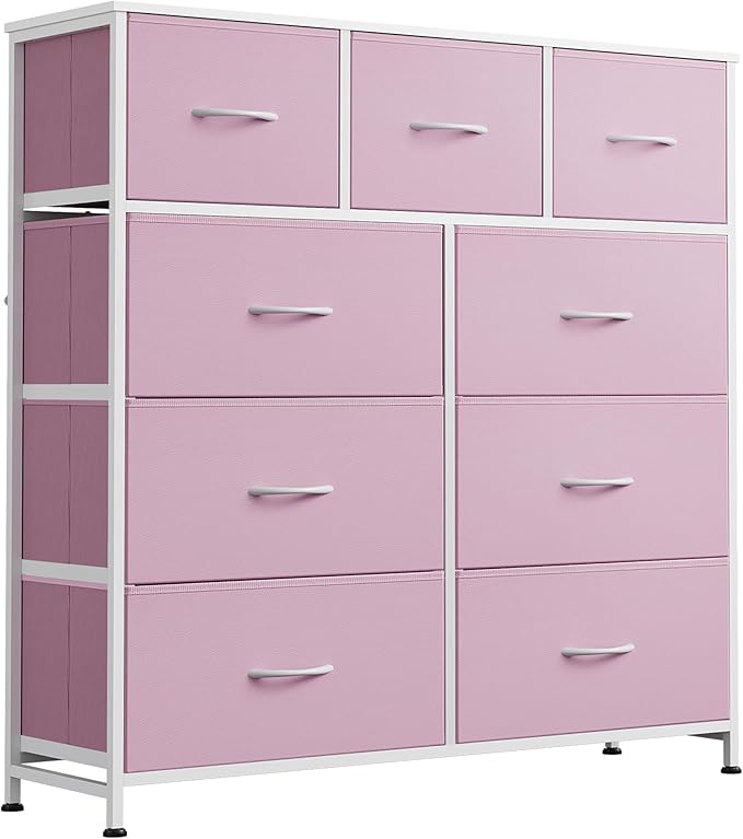 WLIVE 9 Drawer Dresser, Fabric Storage Tower for Bedroom, Hallway, Closet, Tall Chest Organizer Unit for Bedroom with Fabric Bins, Steel Frame, Wood Top, Easy Pull Handle, A-Pink