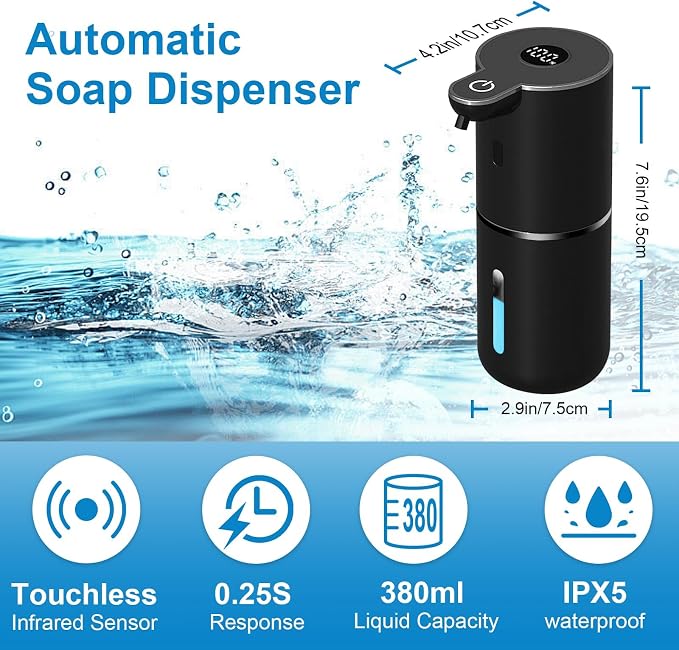 OHIFAST Automatic Foaming Soap Dispenser Touchless, USB Rechargeable Smart Hand Soap Dispenser, 6-Level Adjustable, 12.8oz/380mL, Compatible with Thick Thin Dish Soap for Bathroom Kitchen-Black
