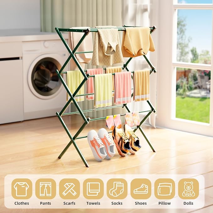 BAKON Foldable Space Saving Clothes Drying Rack, Extendable Rustproof Laundry Rack for Indoor Outdoor Dorm Room Apartments RV, Green
