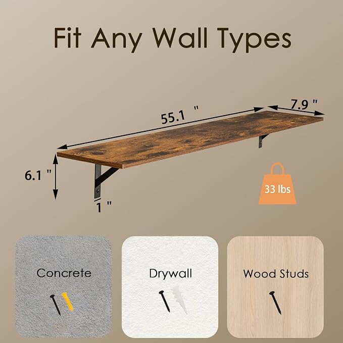 DINZI LVJ Long Wall Shelves, Set of 4, 55.1Inch Wall Mounted Shelves, Extra Large Floating Storage Ledges with Sturdy Metal Brackets for Living Room, Laundry, Garage, Closet, Rustic Brown