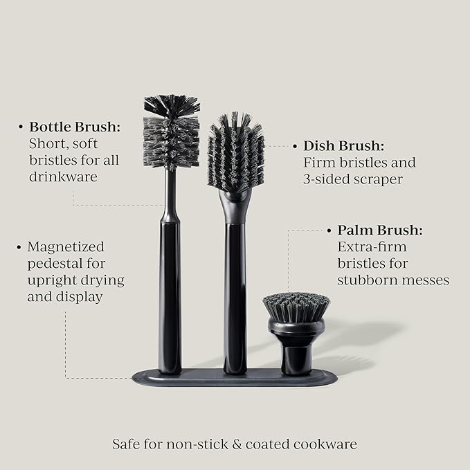 Curio Home Goods Ionic Brush Set, Magnetized to Stand Upright, Stainless Steel with Replaceable Heads, Onyx/Black