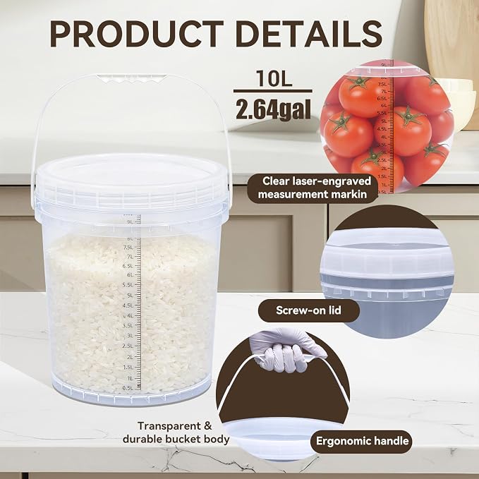 3 Pack 2.6 Gal & 1.3 Gallon Bucket with Lid, Clear Plastic Food Storage Containers, Food Grade Buckets with Lids for Ice Cream, Dog Food, Water, Large Quart Container with Handle