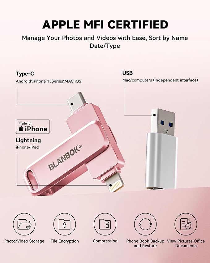 MFi Certified 512GB iPhone Photo Stick, High-Speed USB Flash Drive Memory Storage for Video Backup, Compatible for iPhone/iPad/Android/PC (Pink)