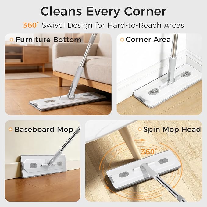 Flat Mop and Bucket Set with Wringer, Hands-Free Floor Mop System | Detachable Stackable Bucket, Hands-Free Wringing, Wet & Dry Microfiber Pads, Wall & Floor Cleaning