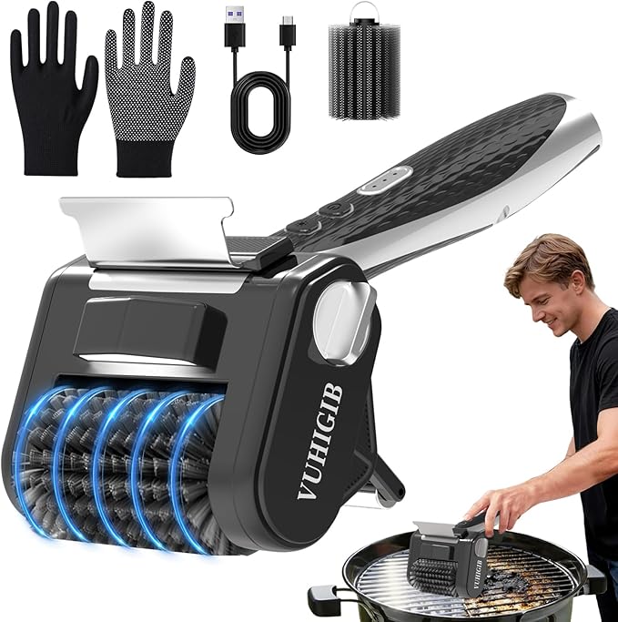 Electric Grill Brush, BBQ Grill Cleaner for Outdoor Grill with LED Light Removable 304 Stainless Steel Brush Head Cordless Grill Cleaning Brush 150 Mins Runtime No Bristle Shedding for Barbecue Grates