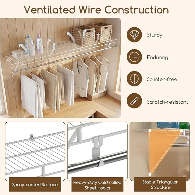 COSTWAY Closet Shelves Wall Mounted, Ventilated Shelf with Hanging Rod | Metal Wire Shelving Kit, Wire Wall Shelf for Laundry Room, Bedroom, Home, Mounting Accessories Included (6 ft x 12 in)