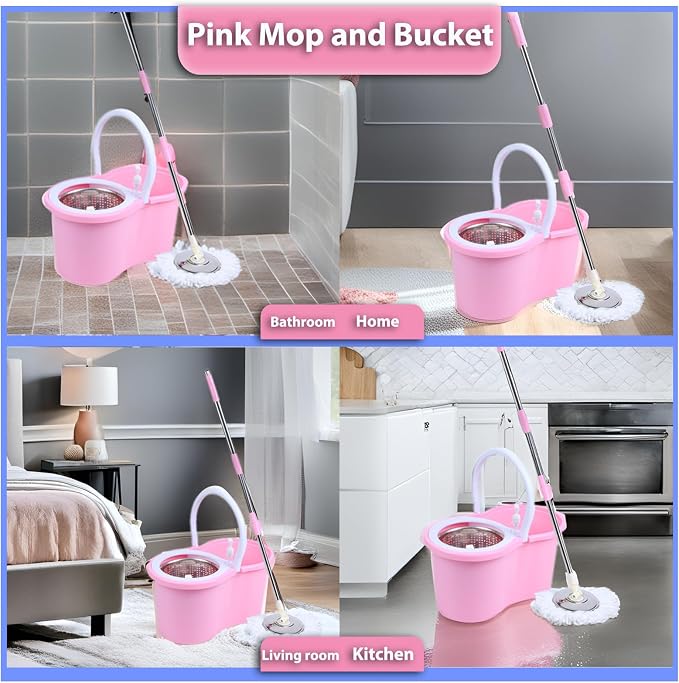 Cute Pink Mop and Bucket Set with 3 Extra Refills (Pink) | Pink, Spin Mop Floor Cleaning System