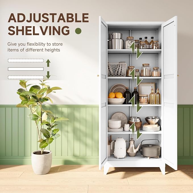 75" H Metal Storage Cabinet with 2 Doors and 4 Shelves,Tall Kitchen Pantry Cabinets,Farmhouse Utility Pantry Organizers for Cupboard/Dining/Bathroom/Home Office/Garage Room,White