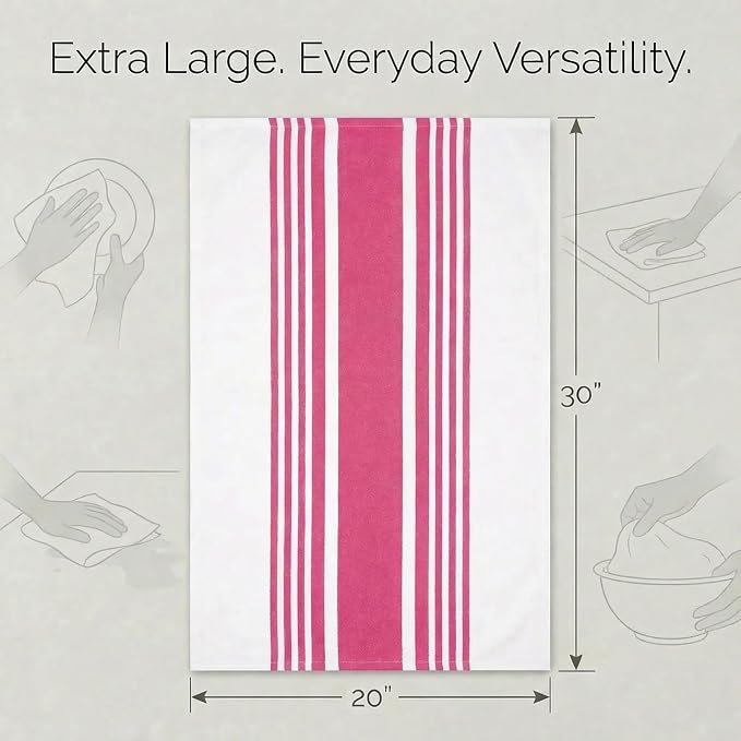 Urban Villa Kitchen Towels 100% Cotton Dish Towels for Kitchen(Set of 6)20”x30” Dish Cloths Highly Absorbent Kitchen Linen Set with Hanging Loop Perfect for Drying Dishes Cleaning Towels-Fuchsia White