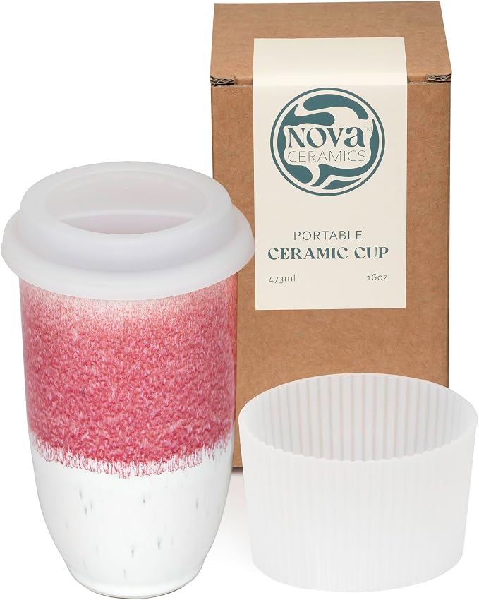 NOVA CERAMICS Coffee Travel Mug - Coffee Travel Cup – Microwave & Dishwasher Safe Coffee Pink Tumbler - Gifts For Women Men Him Her – 16oz – Coral Pink