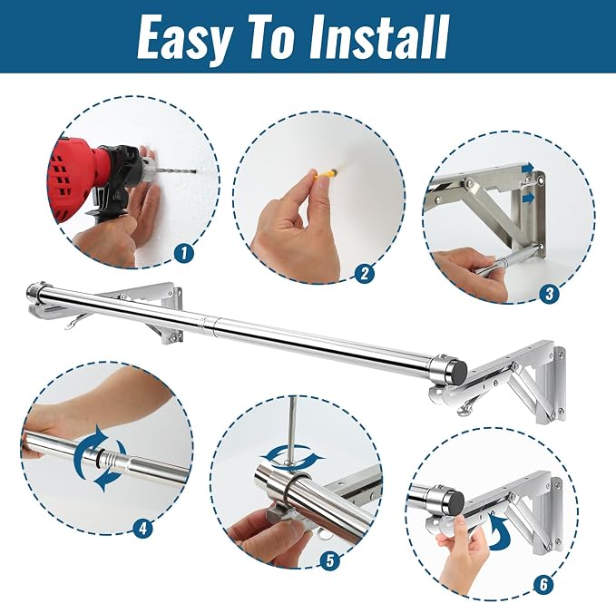 TBMLC Foldable Wall Mounted Clothes Rack- 30'' Long Rod & 2 Thick Bases | Stainless Steel,Multi-Purpose for Space-Saving Garment Rack/Clothes Drying Rack/Clothes Hanger,Detachable Top Shelf Reserved