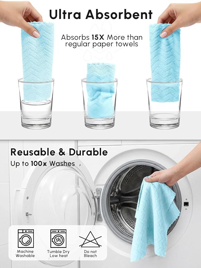 Microfiber Cleaning Cloths Roll, 75 Pack Tear Away Microfiber Towels Roll, 12" x 12" Lint Free Rags, Reusable Cleaning Cloths, Washable, Scratch Free,Ultra Absorbent Dish Rags(Blue Ripple)
