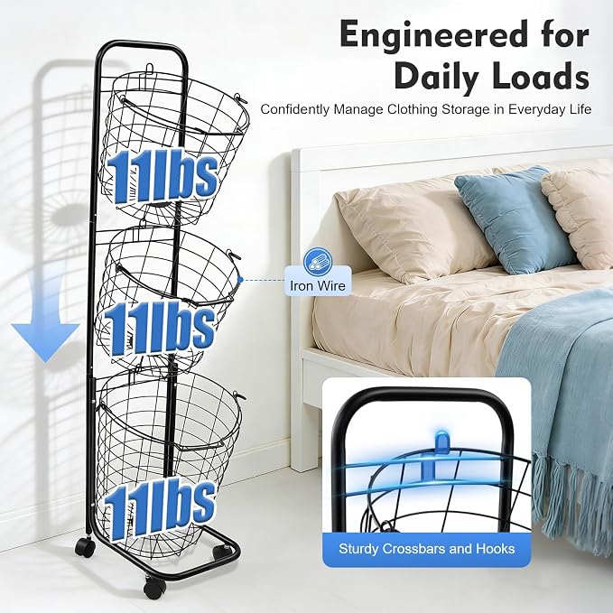 Laundry Basket with Wheels, 3 Tier Rolling Laundry Hamper Cart, Removable Metal Storage Shelf Basket, Portable Clothe Organizer Cart for Laundry Room, Balcony, Toilet, Kitchen