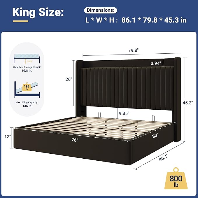 Allewie King Lift Up Storage Hydraulic Bed Frame,Charging Station,Black | Storage Shelf Headboard with Charging Station,Type-C,USB Ports,Hydraulic Support,Velvet Upholstered,No Box Spring Needed