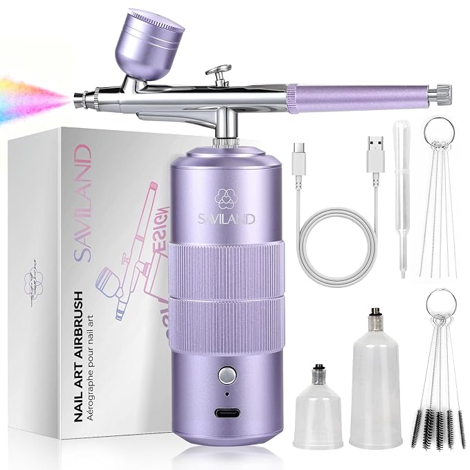 SAVILAND Advanced 30 PSI Airbrush Kit: Purple AirBrush for Nails 0.3s Instant atomization Three-Mode Limitless Nail Art Creativity & Salon-Perfect Instant Color Nail Airbrush Machine for Ombre French