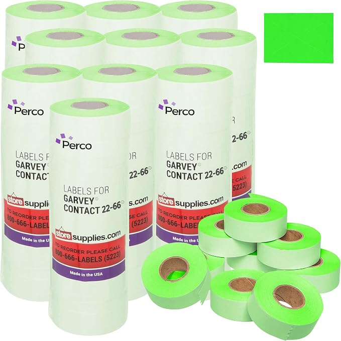 Perco Fluorescent Green Price Marking Labels - 90,000 Blank Labels for Garvey 22-66/22-77/22-88 Two Line Pricing Gun with Ink Rolls Included - 90 Rolls, 10 Sleeves - Made in USA