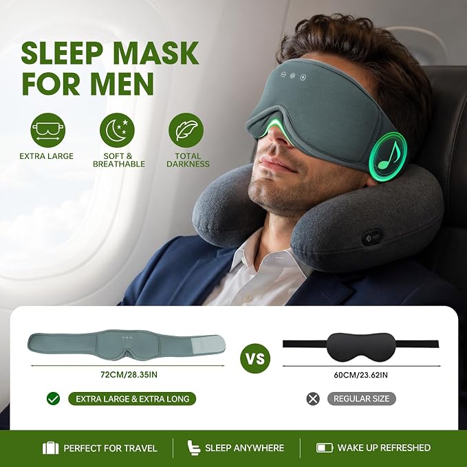 Bamboo Cotton Large Sleep Mask with Bluetooth Wireless Headphones - Blackout Eye Mask for Sleeping 3D Contoured Sleep Eye Cover Headband Ear Plugs Low Noise Hook for Men Women Better Experience (Grey)