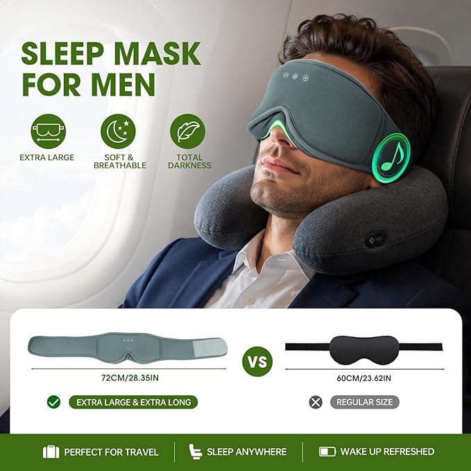 Bamboo Cotton Large Sleep Mask with Bluetooth Wireless Headphones - Blackout Eye Mask for Sleeping 3D Contoured Sleep Headband Ear Muffs Lengthen & Low Noise Hook for Better Experience (Black)