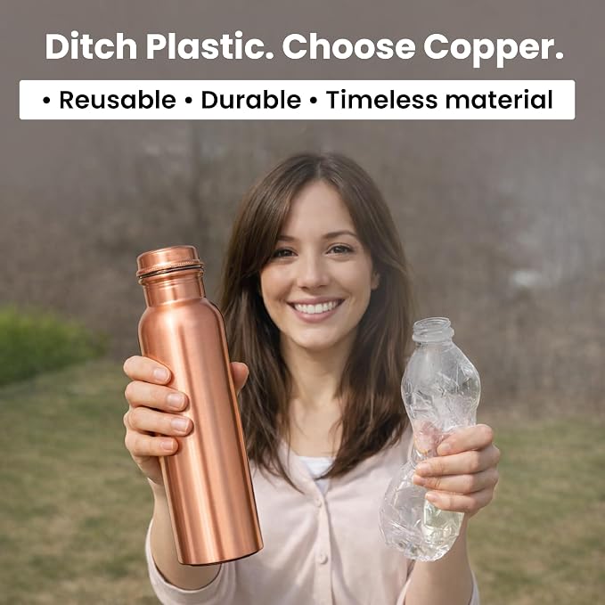 Pure Copper Water Bottle for Drinking Water, 34 Oz Plain Finish with Leak-Proof Cap, Stay Hydrated and Enjoy Natural Benefits. Handcrafted Reusable Water Bottle with Bag & Cleaning Brush