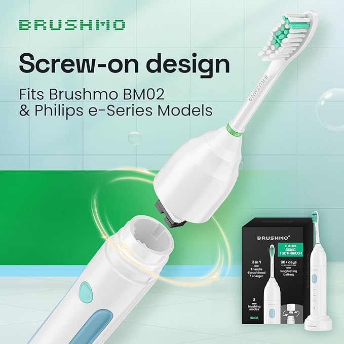 Brushmo e-Series Total Clean Replacement Toothbrush Heads, Compatible with Philips Sonicare Screw-on Electric Toothbrush Handles, 6 Standard Heads, Medium Firm Dupont Bristles, BM726-bw, White