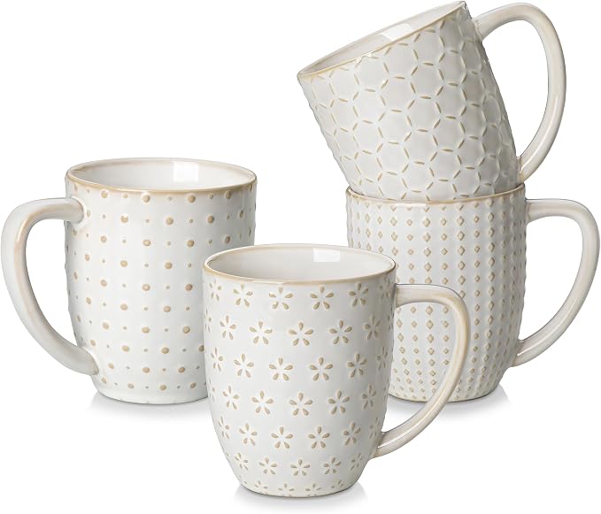 MALACASA LYDIA 16 Oz Coffee Mugs Set of 4, Ceramic Embossed Cups | For Coffee, Latte, Cappuccino, Tea, Dishwasher, Microwave Safe, Lead-Free Ceramic, Comfortable Handle, Gift Set