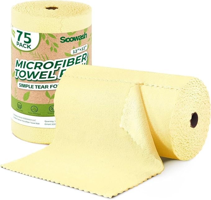Microfiber Cleaning Cloths Roll, 75 Pack Tear Away Microfiber Towels Roll, 12" x 12" Lint Free Rags, Reusable Cleaning Cloths, Washable, Scratch Free,Ultra Absorbent Dish Rags(Yellow)