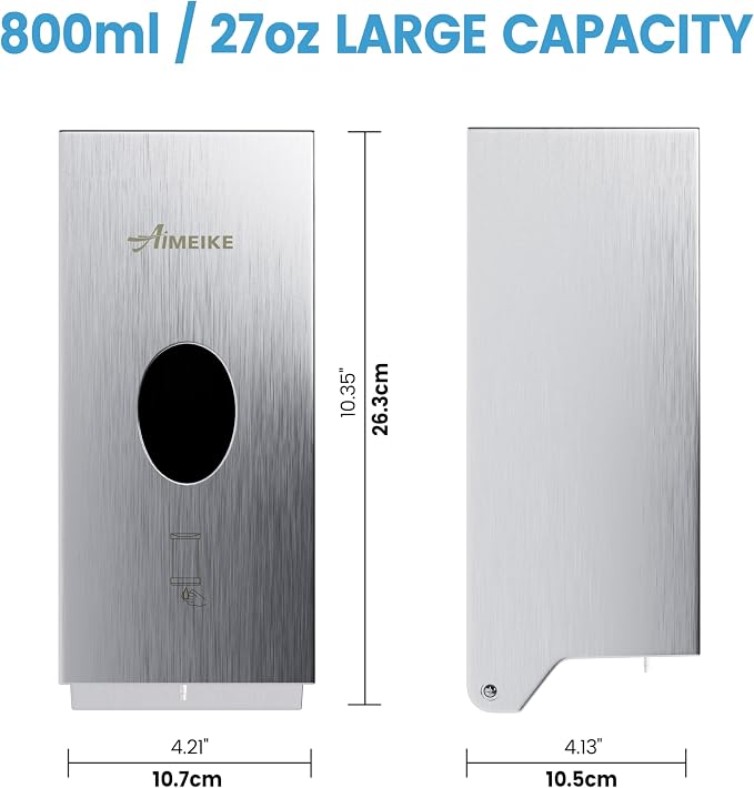 Commercial Automatic Wall-Mount Soap Dispenser, Stainless Steel | Touchless 800 mL dispenser with stainless steel exterior, oval window and keyed lock; requires 6 AA batteries, not included.