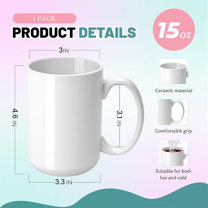Joyclub 1 Set Sublimation Mugs Blank 15 oz Coffee Mugs Bulk White Ceramic Cups with Handle Tazas Para Sublimar for Coffee Latte Tea Milk Soup DIY Gifts
