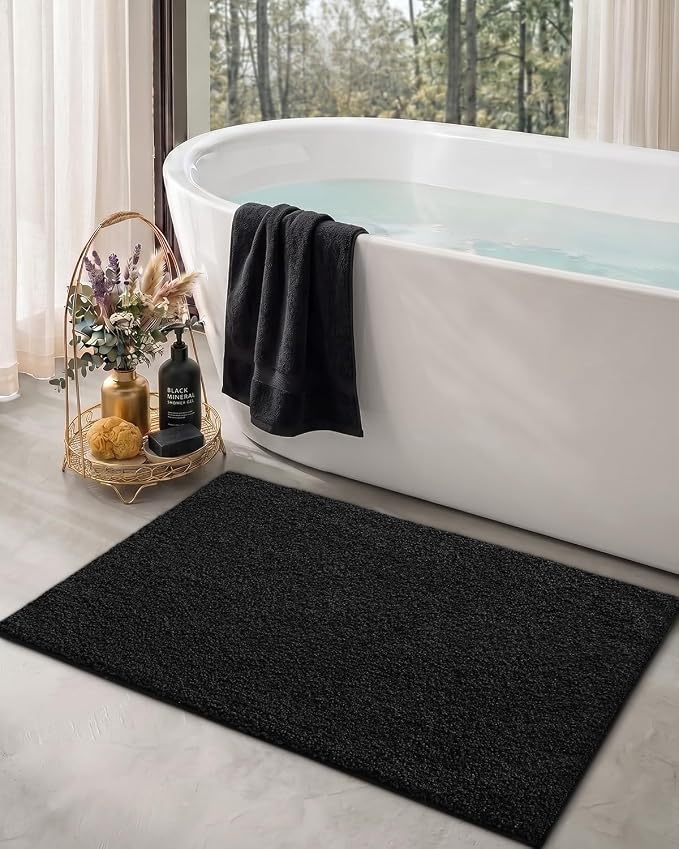 Color&Geometry Bathroom Runner Non Slip, 24"x43" Black Bath Runner Rug, Absorbent, Soft, Washable, Microfiber Bath Mat Bathroom Carpet