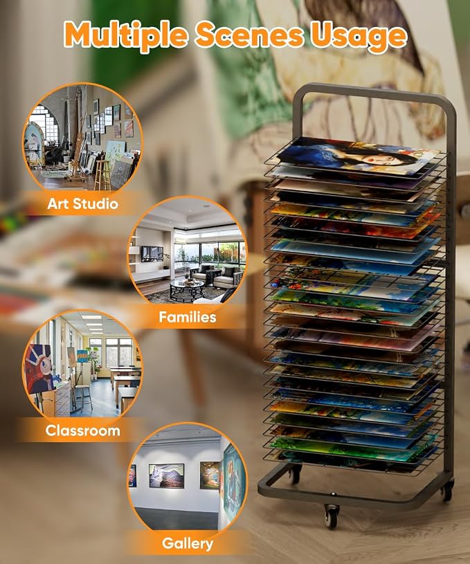 Art Drying Rack with 25 Removable Shelves, Mobile Metal Paint Drying Stand with Lockable Wheels, Functional Canvas Rack Art Storage for Artwork in Classrooms, Art Studios and Schools, Black