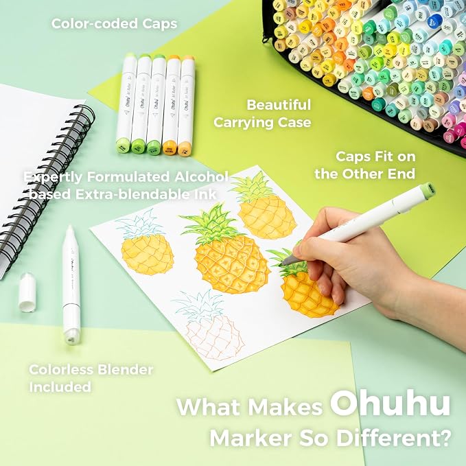 Ohuhu Refillable 320 Colors Alcohol Markers Brush Tip- Double Tipped Alcohol-based Art Sketch Marker Set for Artist Adults Coloring Illustration - Honolulu B of Ohuhu Markers -Brush & Fine Dual Tips