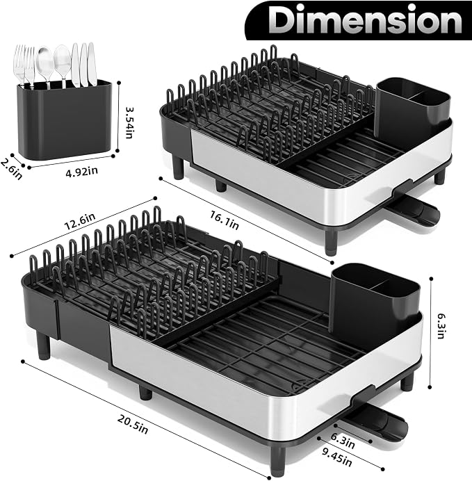 Urackify Stainless Steel Dish Drying Rack for Kitchen Counter,Black | Expandable 16.1" to 20.5", Large Capacity, Rustproof, Non-slip Feet, Adjustable Drain Pipe, Easy Assembly & Clean
