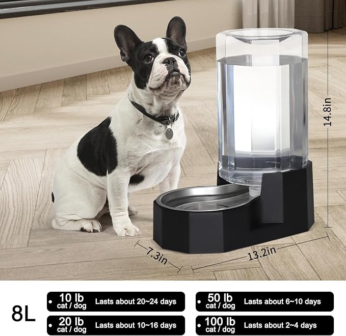 Sfozstra 8L Large Dog Water Dispenser: Gravity Pet Water Station | 304 Stainless Steel Bowl/Spill-Proof / Non-Slip Base/Easy-Clean/ For Large Dogs & Multi-Pet Homes, Garage/Patio