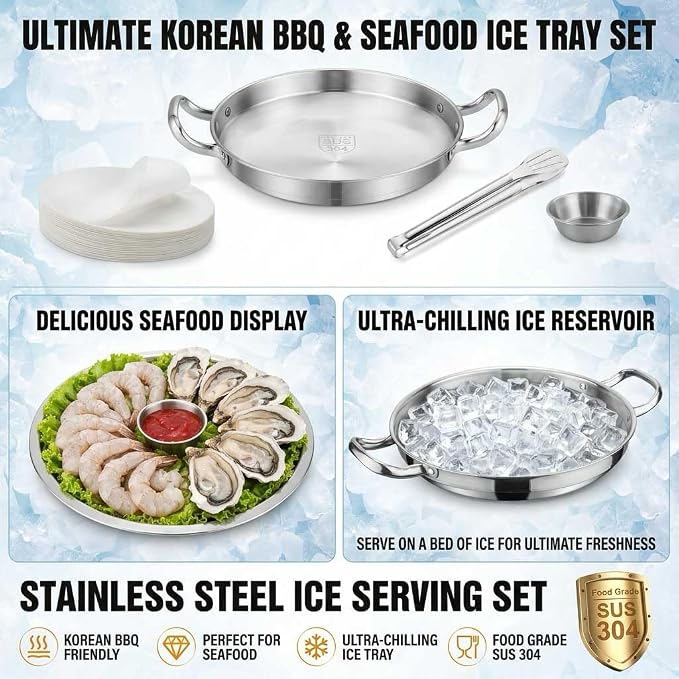 Shrimp Cocktail Serving Dish with Ice Tray, 2-Set 12 Inch Platter | 304 stainless steel sauce cups, tray liner paper & tongs, ideal for parties, family gatherings, oysters & cold appetizers.