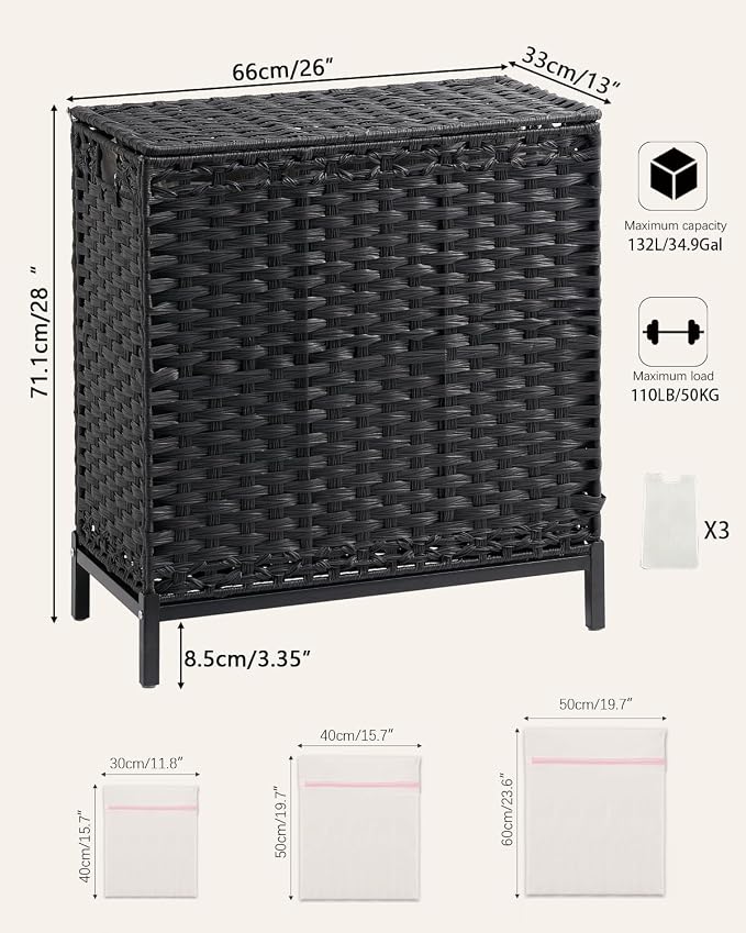 SETVSON Laundry Hamper with Lid, 35 Gal 3-Bag Clothes Sorter, Black | Large Family Laundry Trunk with Lid, 3 Compartment Sorting Liner, 6 Wash Bags, Elevated PE Rattan Bin with Handles