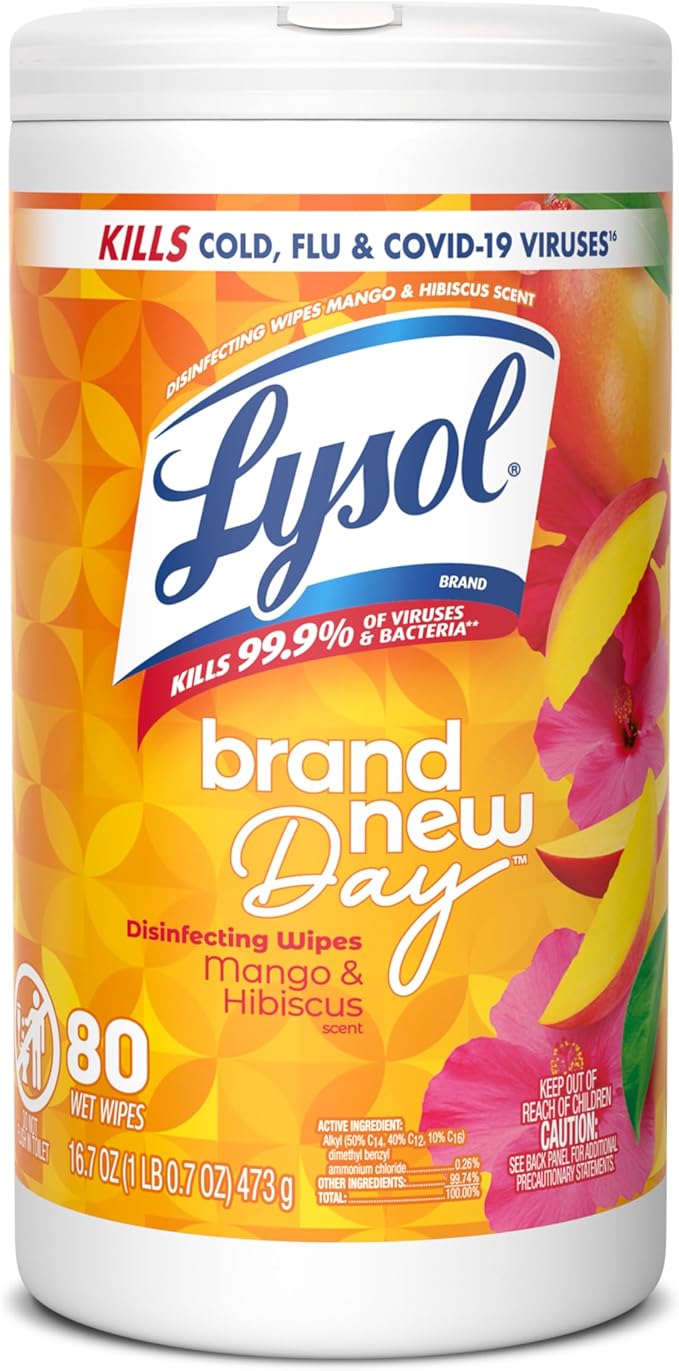 LYSOL Disinfecting Wipes, All Purpose Cleaner, Multi-Surface Antibacterial Cleaning Wipes, Household Cleaning Supplies, Dorm Essentials, Mango & Hibiscus Scent, 80 ct.
