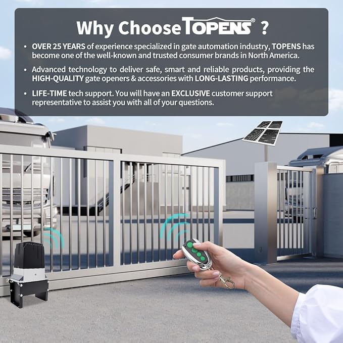 TOPENS DKC2000S Solar Sliding Gate Opener Chain Drive Automatic Gate Motor for Heavy Driveway Slide Gates Up to 4400 Pounds, Electric Gate Operator Battery Powered with Solar Panel Remote Control Kit