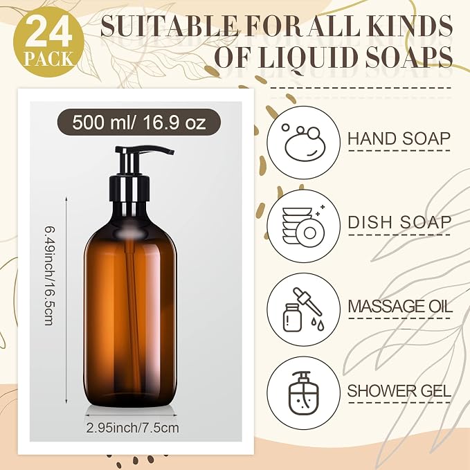 Tessco for you 24 Pcs Amber Soap Dispenser 17 oz Empty Plastic Pump Bottles Refillable Shampoo Container for Hand Sanitizer Soap Lotion Body Wash Conditioner Bathroom Travel