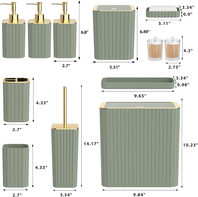 Bathroom Accessory Set - Sage Green Bathroom Set, 12PC Bathroom Accessories Set, Mini Trash Can, Toilet Brush, Trash Can & Soap Dispenser
