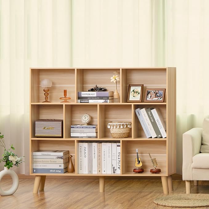 LEYAOYAO 10 Cube Bookshelf, Mid-Century Modern Book Shelf with Legs,Natural | 3 Tier Bookcase, Rustic Wood Bookshelves Freestanding Large Storage Organizer, Open Shelves for Bedroom, Living Room, Office