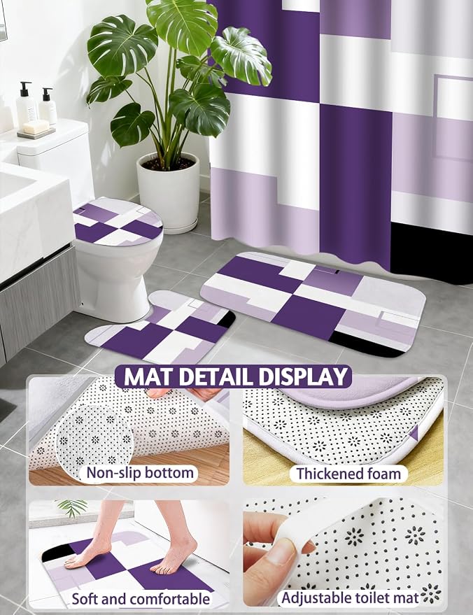 Lnond Purple Bathroom Set, 22-Piece Purple Geometic Bathroom Decor Set with with Shower Curtain and Rugs, Trash Can, Toilet Brush Holder Set & Soap Dispenser