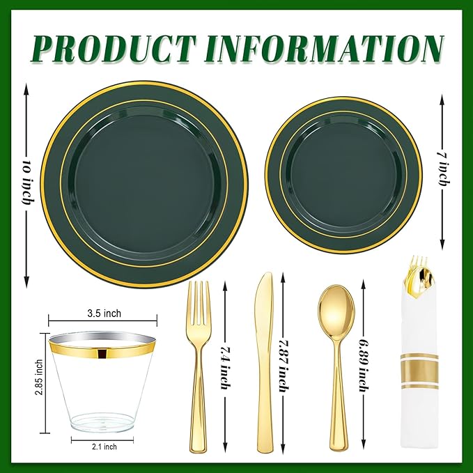 WDF Partyware 175PCS Green Plastic Plates - Green and Gold Disposable Plates 25Guests Plastic Plates with Rolled Napkins for Birthday/Party/Wedding/World Cup 2026