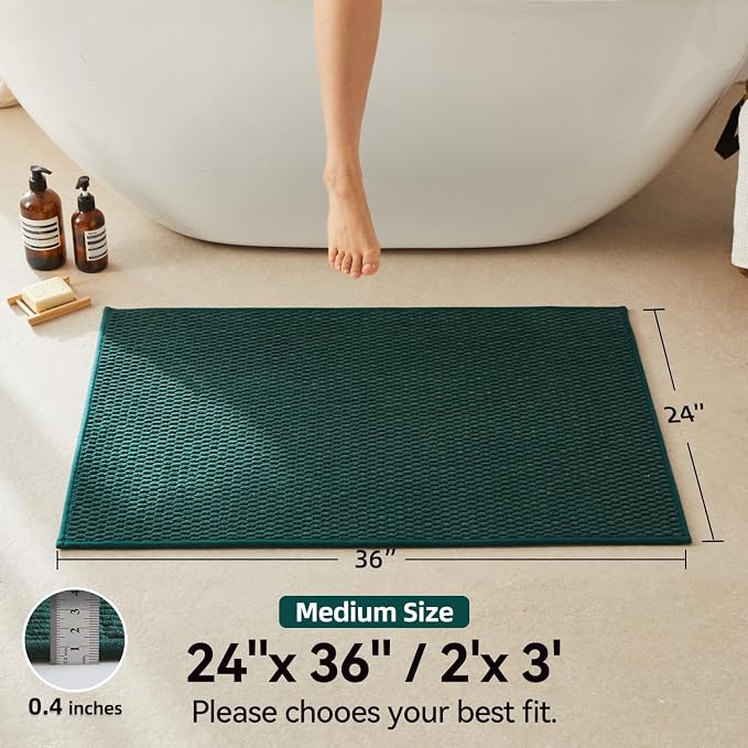 Triohero Bathroom Rugs Non Slip Washable, Super Absorbent Thin Bath Mat Quick Dry Low Pile Bathroom Rug, Dark Green 24"x36"