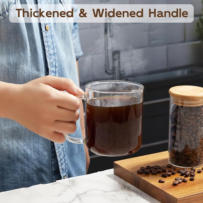 Glass Coffee Mugs, 16 oz Ice coffee cups, Large Clear Tea Cups Set of 2, Glass Mugs with Handles, Glass Cups for Latte, Cappuccino, and Tea