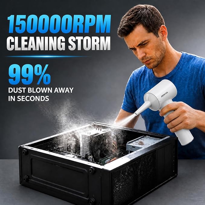 REIKIYA Portable Air Duster 150000RPM Super Power, 18000Pa Cordless Vacuum Cleaner Rechargeable Handheld Pump with LED Light, Adjustable Dust Blower for Computer Keyboard Car House Outdoor